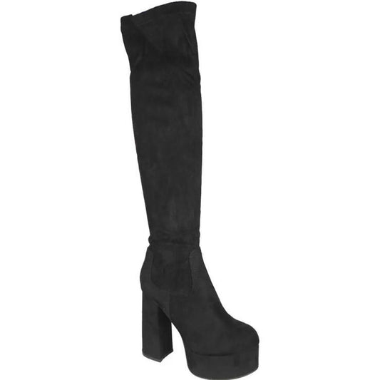 Black Faux Suede Over Knee Platform Heel Boots