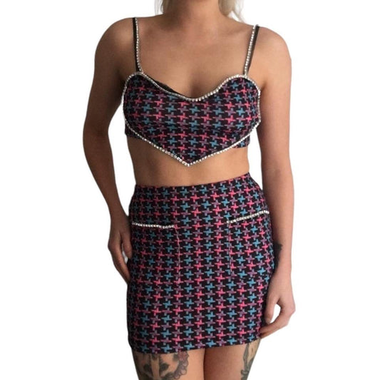 Purple Houndstooth Heart Diamond Skirt Co-Ord Set