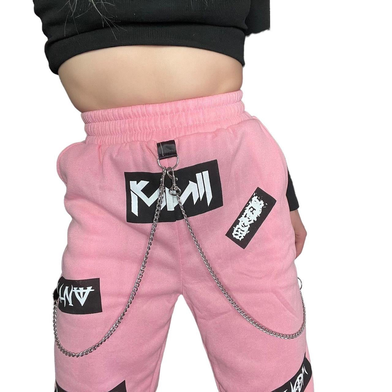 Pink Punk Chain Patch Casual Jogging Bottoms