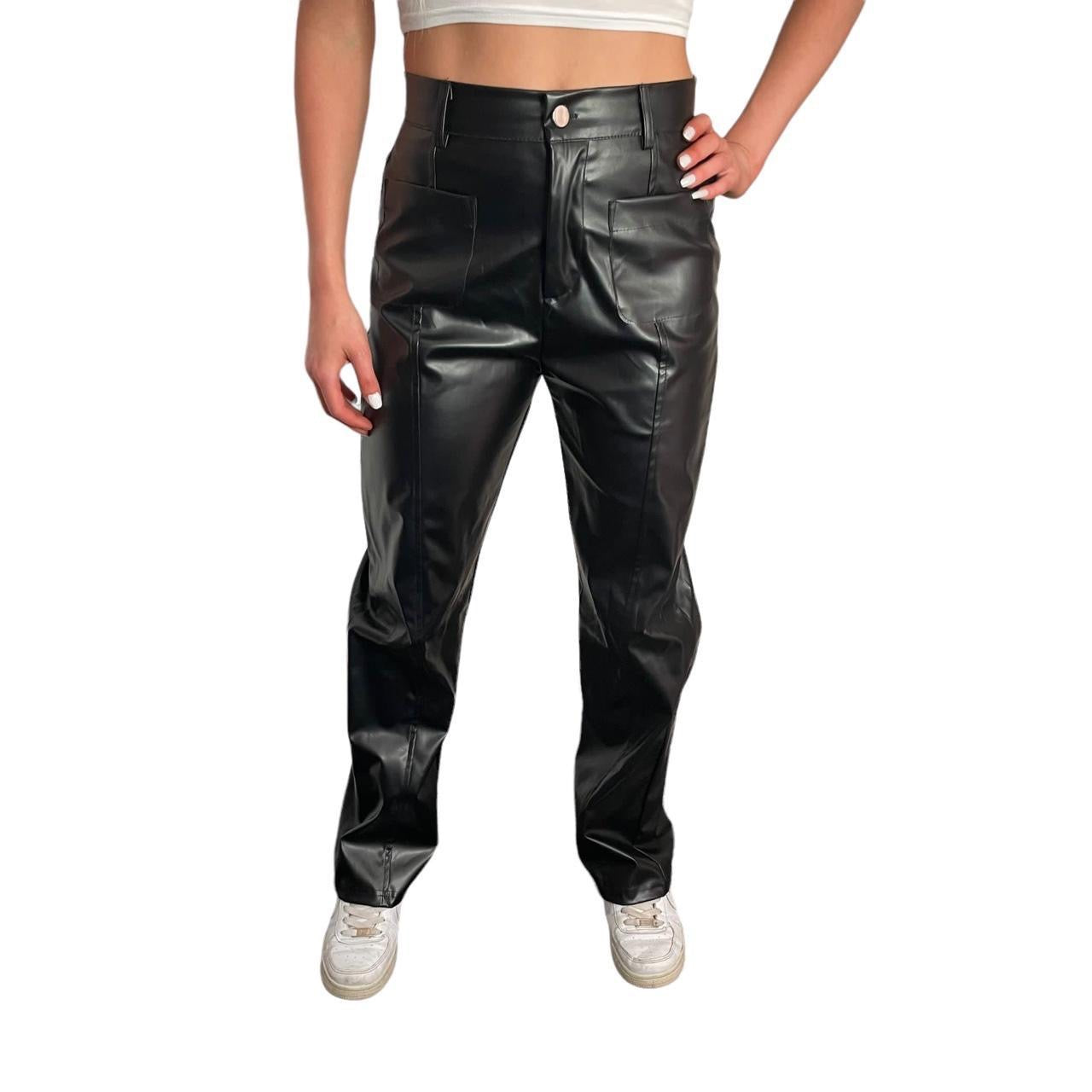 Black Faux Leather Straight Leg Trousers