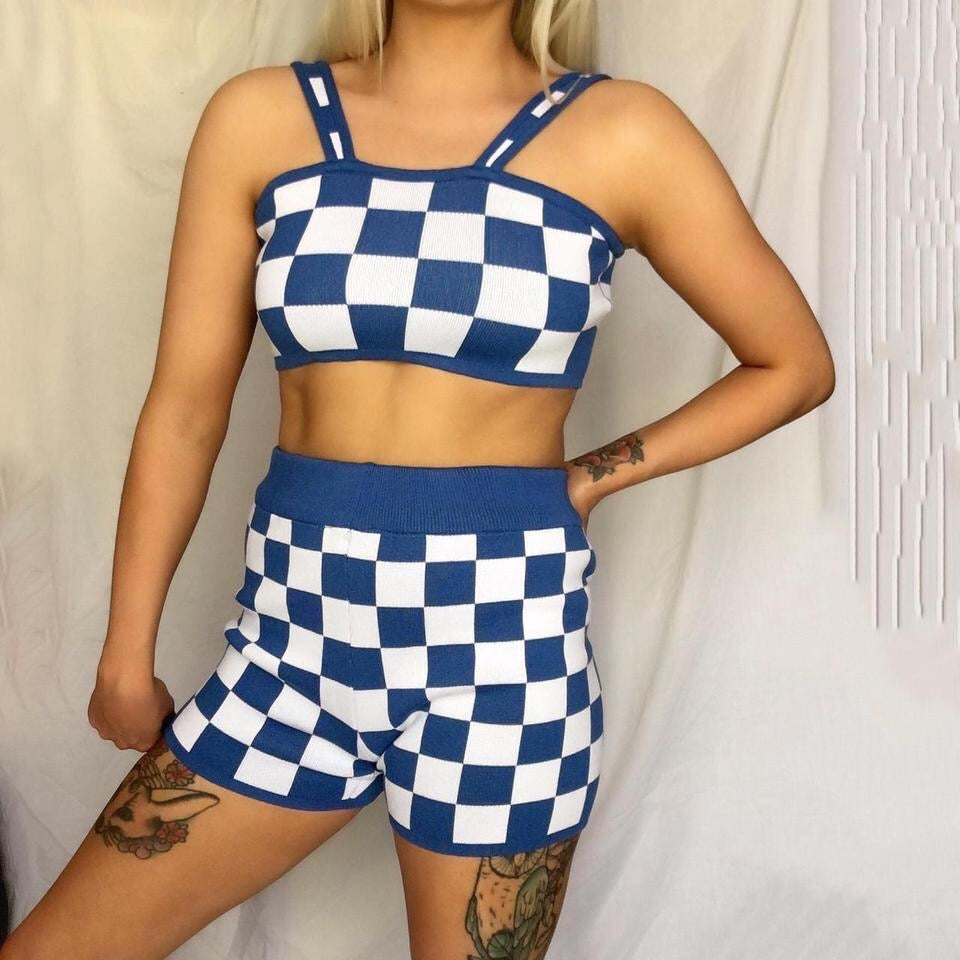 Knitted Blue Checkerboard 2 Piece Shorts Set