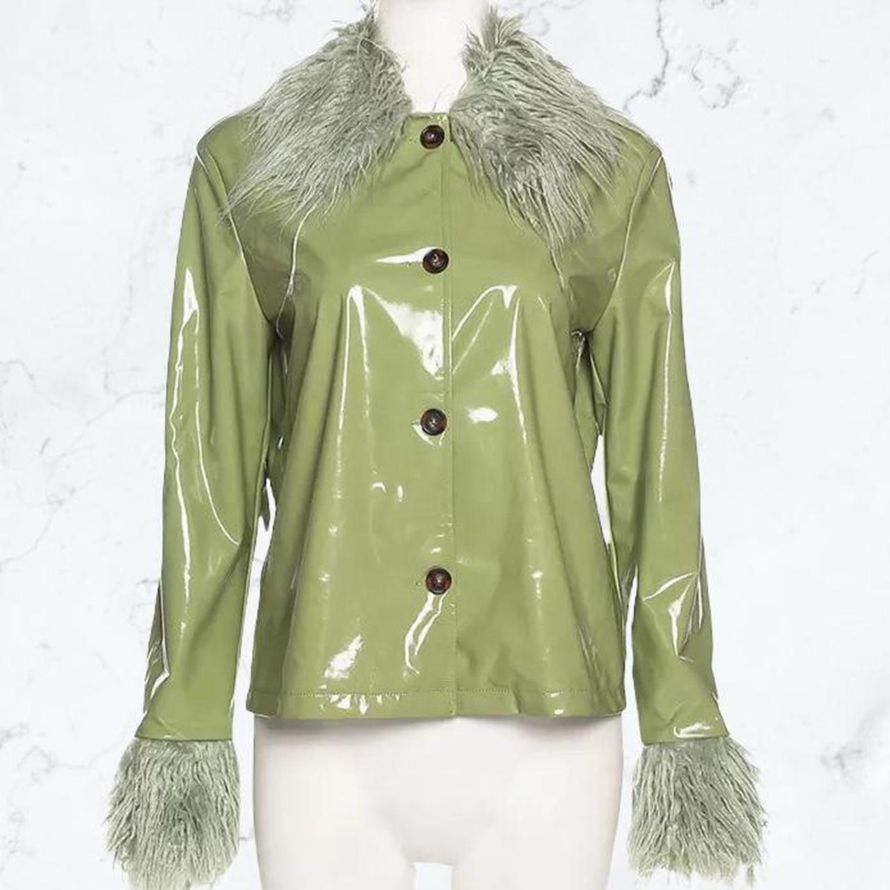 Green PVC Fluffy Faux Leather Jacket