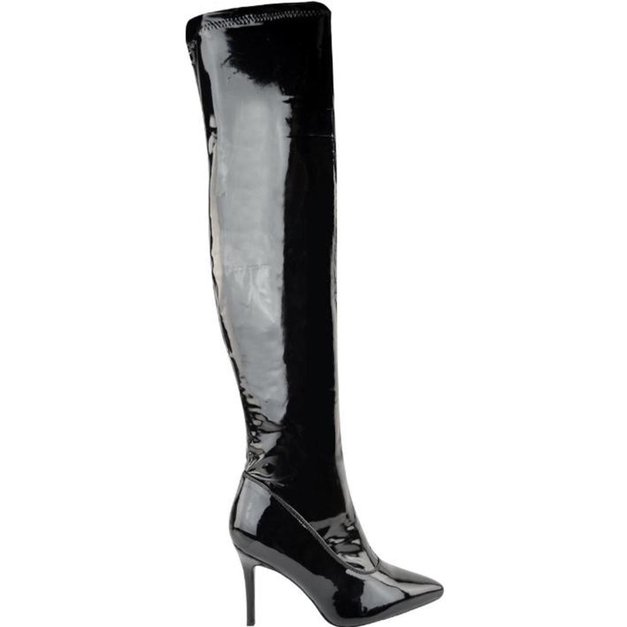 Black Patent Faux Leather Over Knee Stiletto Heel Boots