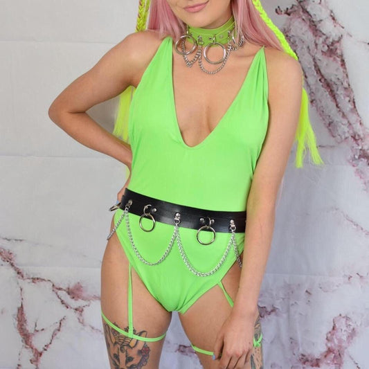 Neon Green Festival Leg Garter Bodysuit