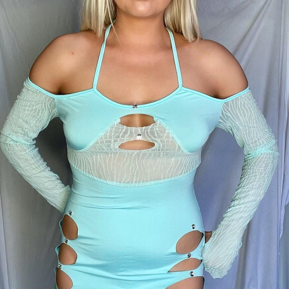 Blue Mesh Cut Out Bodycon Dress