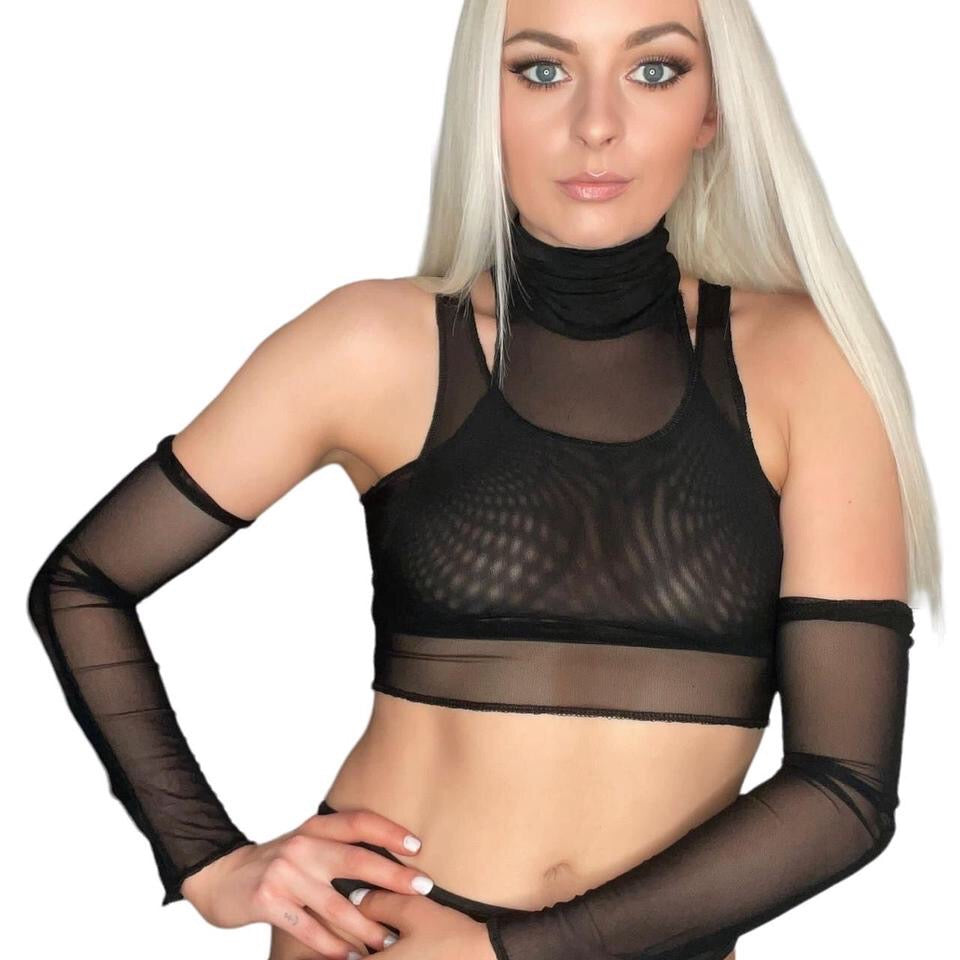 Black 3 Layer Mesh Crop Top Set