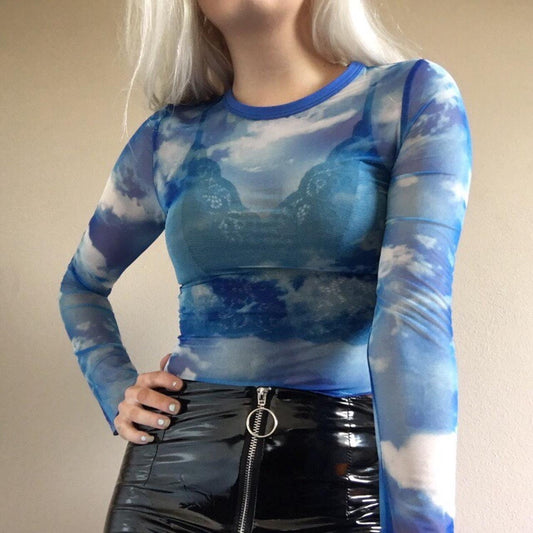 Blue Cloud Print Mesh Long Sleeve Crop Top